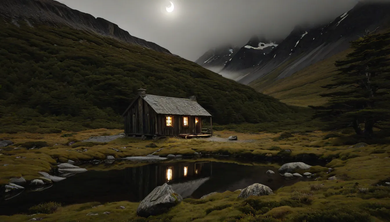 Eine fiktive Hütte an einem fiktiven Teich in Patagonien/Feuerland.